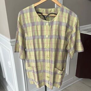 Light Yellow Plaid Short Sleeve Shirt with Pink & Navy Lines